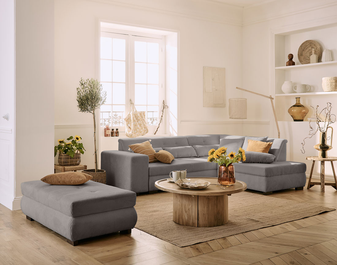 Canapé d'angle droit 5 places convertible en velours côtelé Vermont