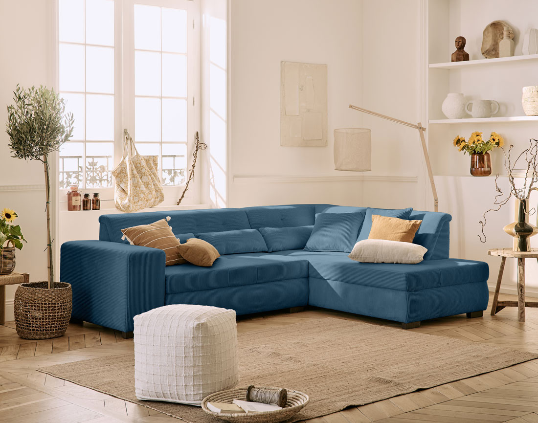 Canapé d'angle droit 5 places convertible en velours côtelé Vermont