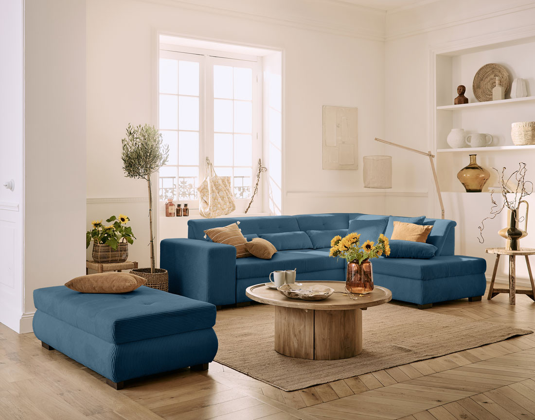 Canapé d'angle droit 5 places convertible en velours côtelé Vermont