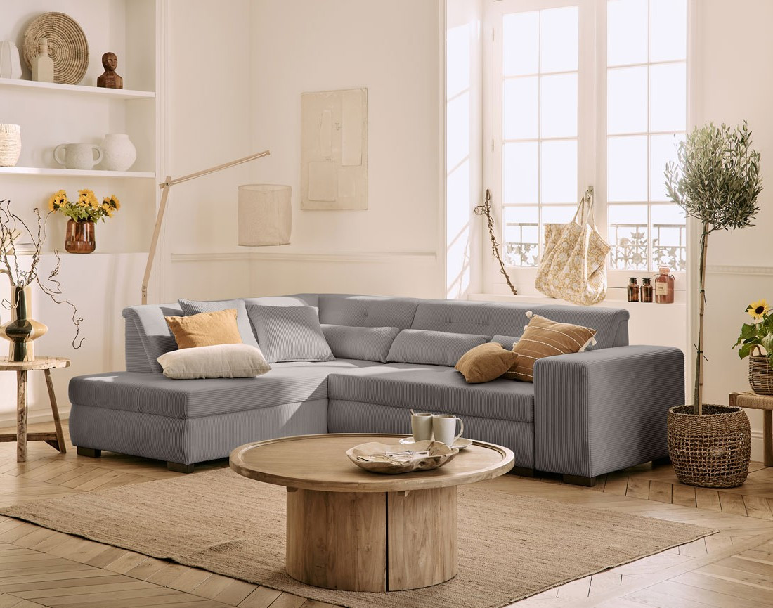 Canapé d'angle gauche 5 places convertible en velours côtelé Vermont