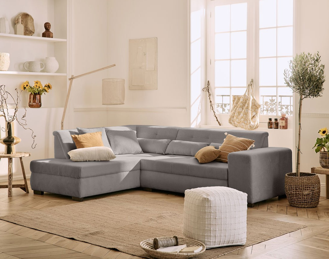 Canapé d'angle gauche 5 places convertible en velours côtelé Vermont