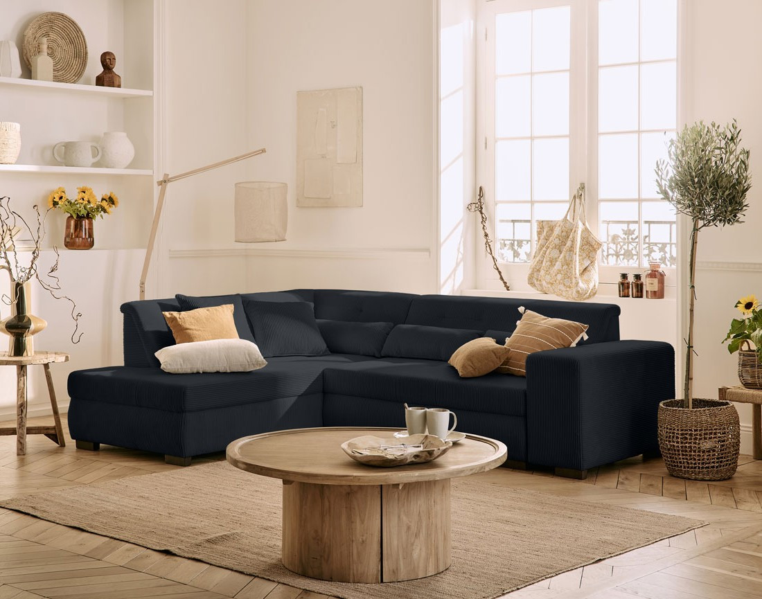 Canapé d'angle gauche 5 places convertible en velours côtelé Vermont