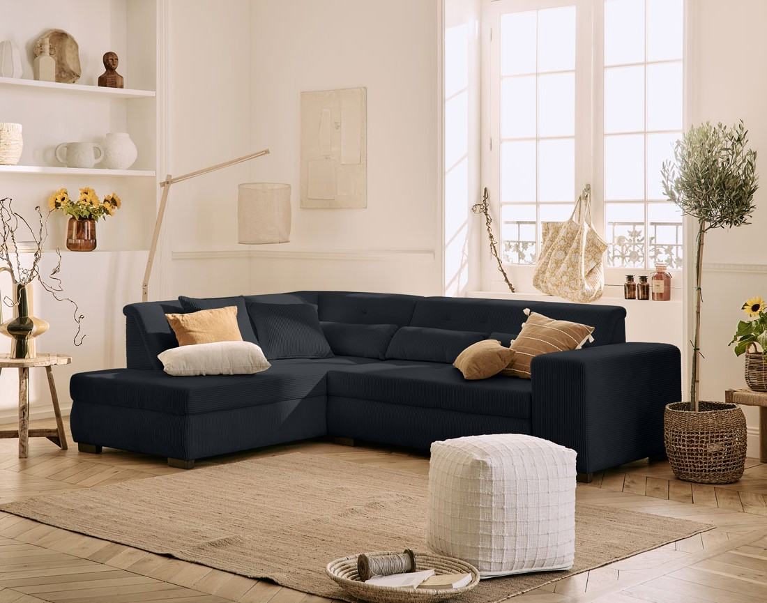 Canapé d'angle gauche 5 places convertible en velours côtelé Vermont