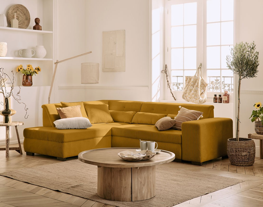 Canapé d'angle gauche 5 places convertible en velours côtelé Vermont