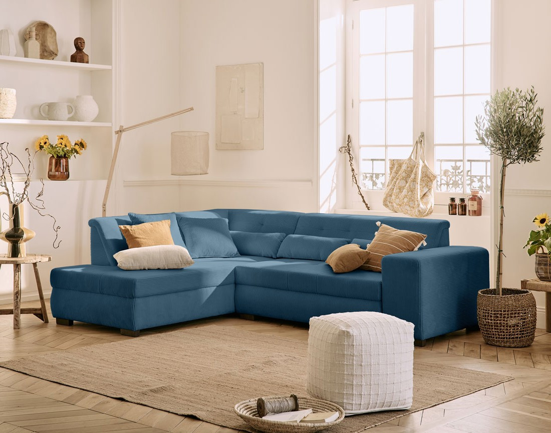 Canapé d'angle gauche 5 places convertible en velours côtelé Vermont