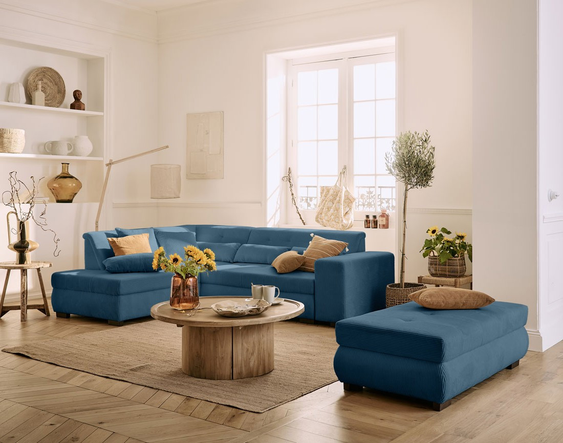 Canapé d'angle gauche 5 places convertible en velours côtelé Vermont