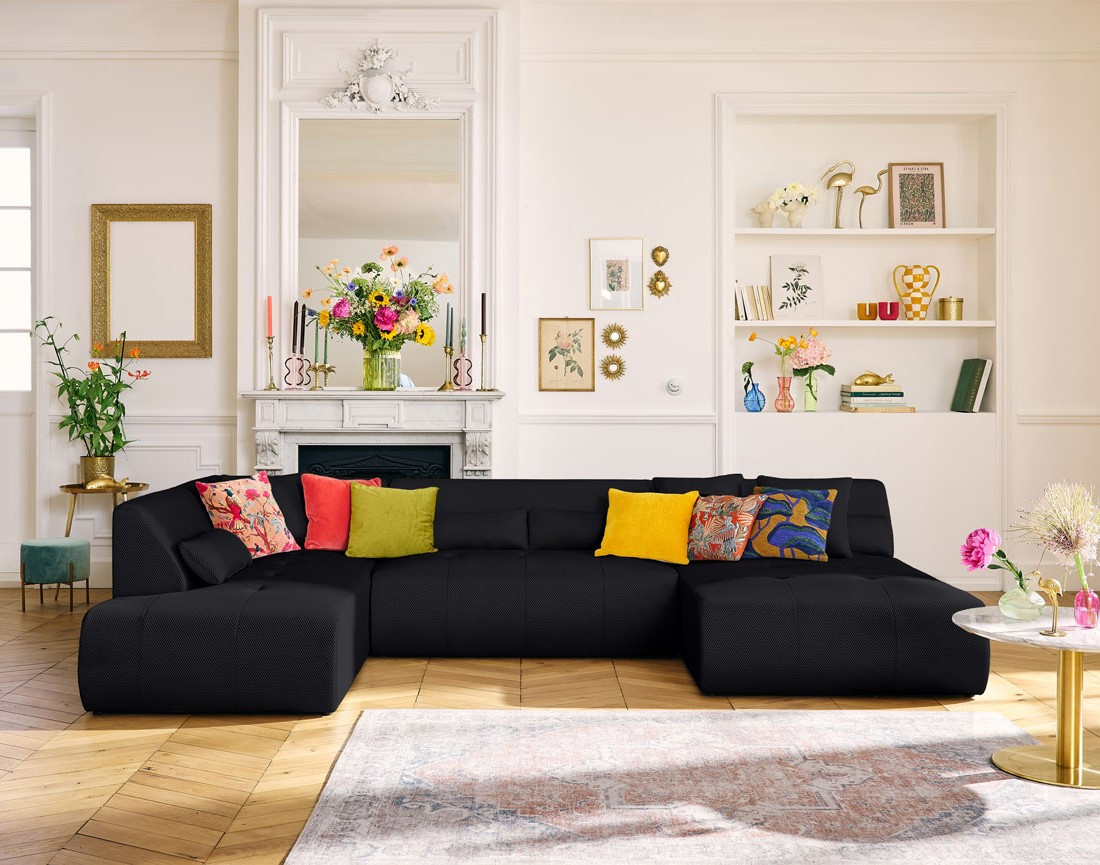 Canapé panoramique modulable d'angle gauche 7 places en tissu mailles 3D Onyx