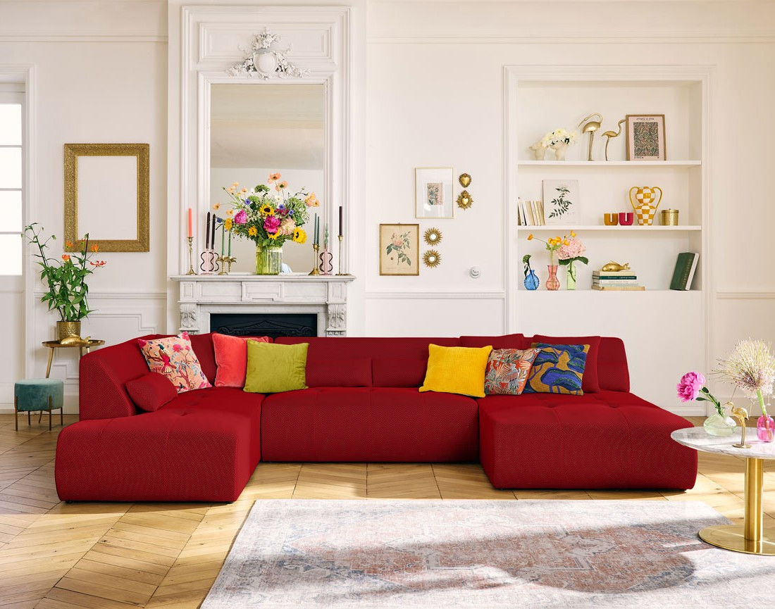 Canapé panoramique modulable d'angle gauche 7 places en tissu mailles 3D Onyx