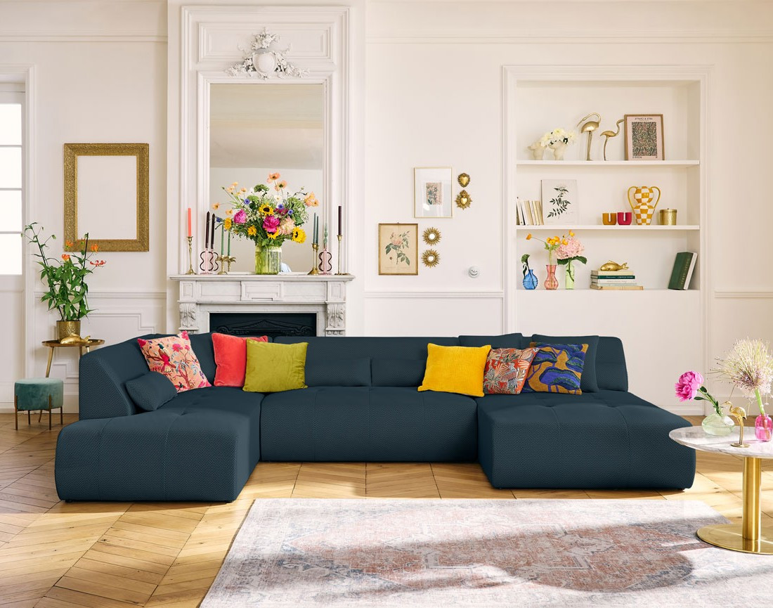 Canapé panoramique modulable d'angle gauche 7 places en tissu mailles 3D Onyx