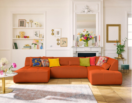 Canapé panoramique d'angle droit 7 places en tissu mailles 3D Onyx