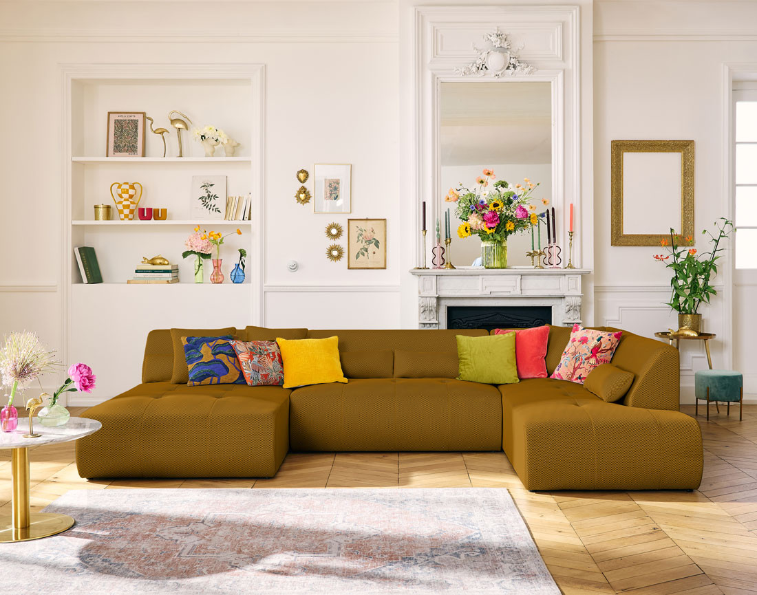 Canapé panoramique d'angle droit 7 places en tissu mailles 3D Onyx