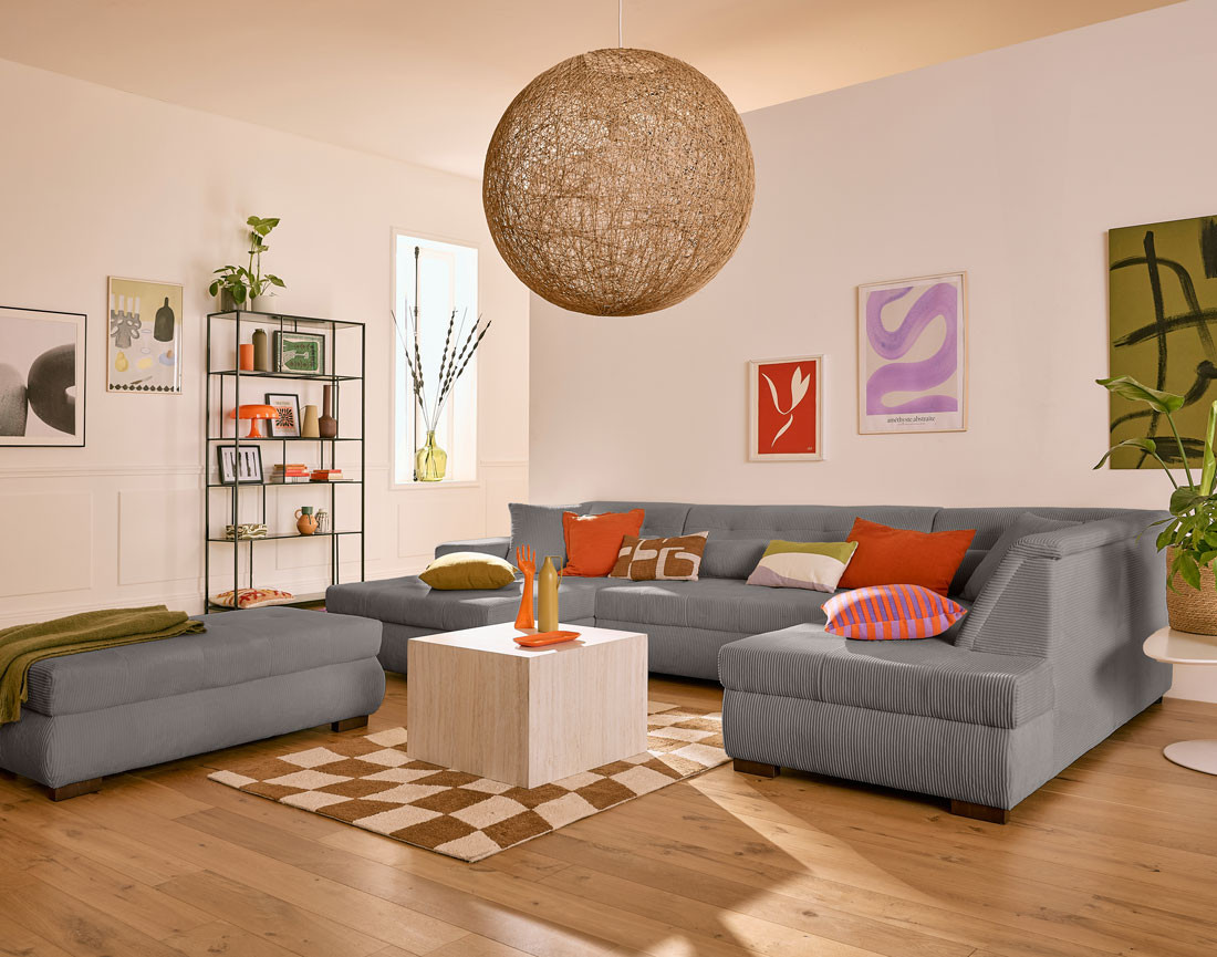 Canapé panoramique d'angle droit 7 places en velours côtelé Vermont