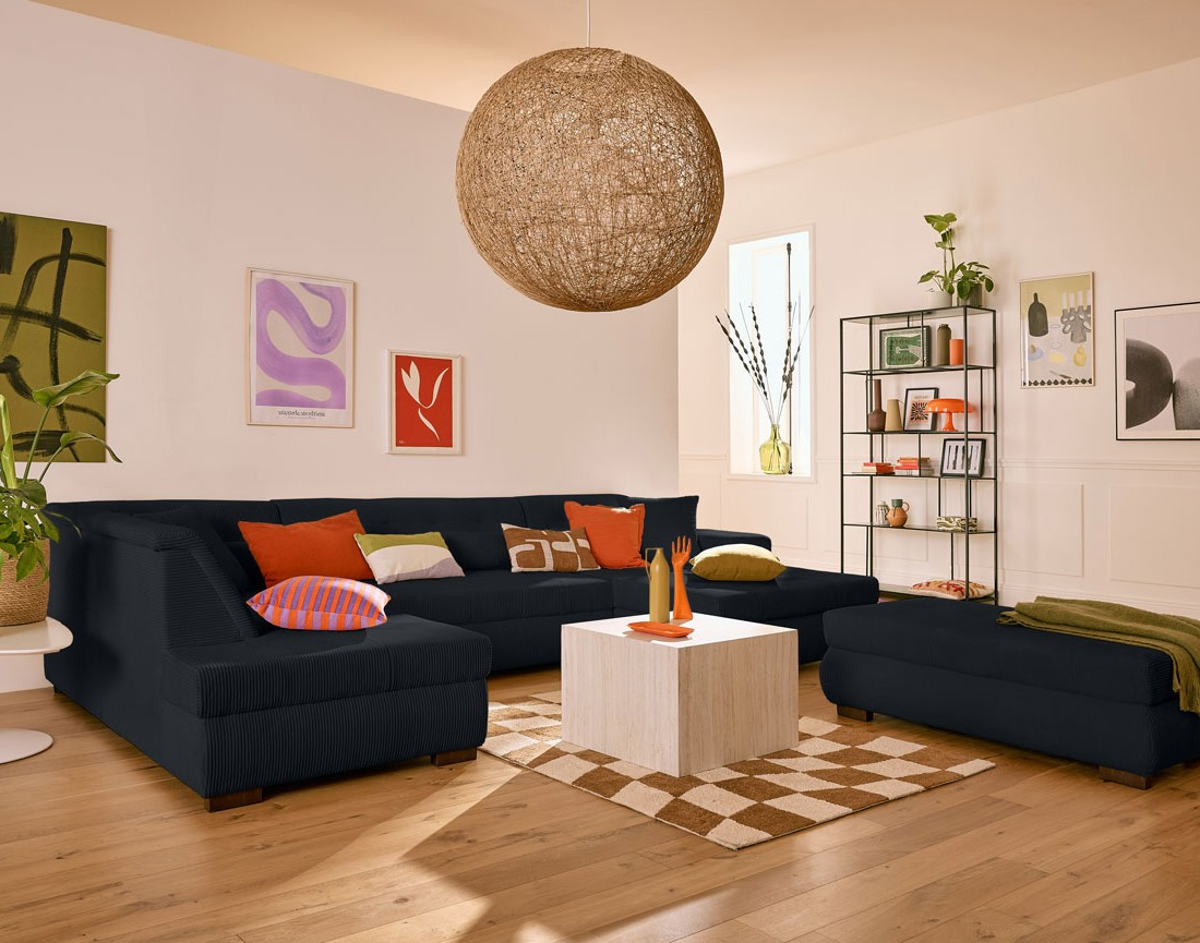 Canapé panoramique d'angle gauche 7 places en velours côtelé Vermont