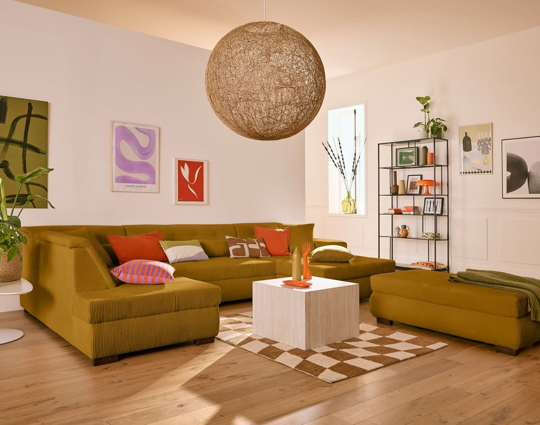 Canapé panoramique d'angle gauche 7 places en velours côtelé Vermont