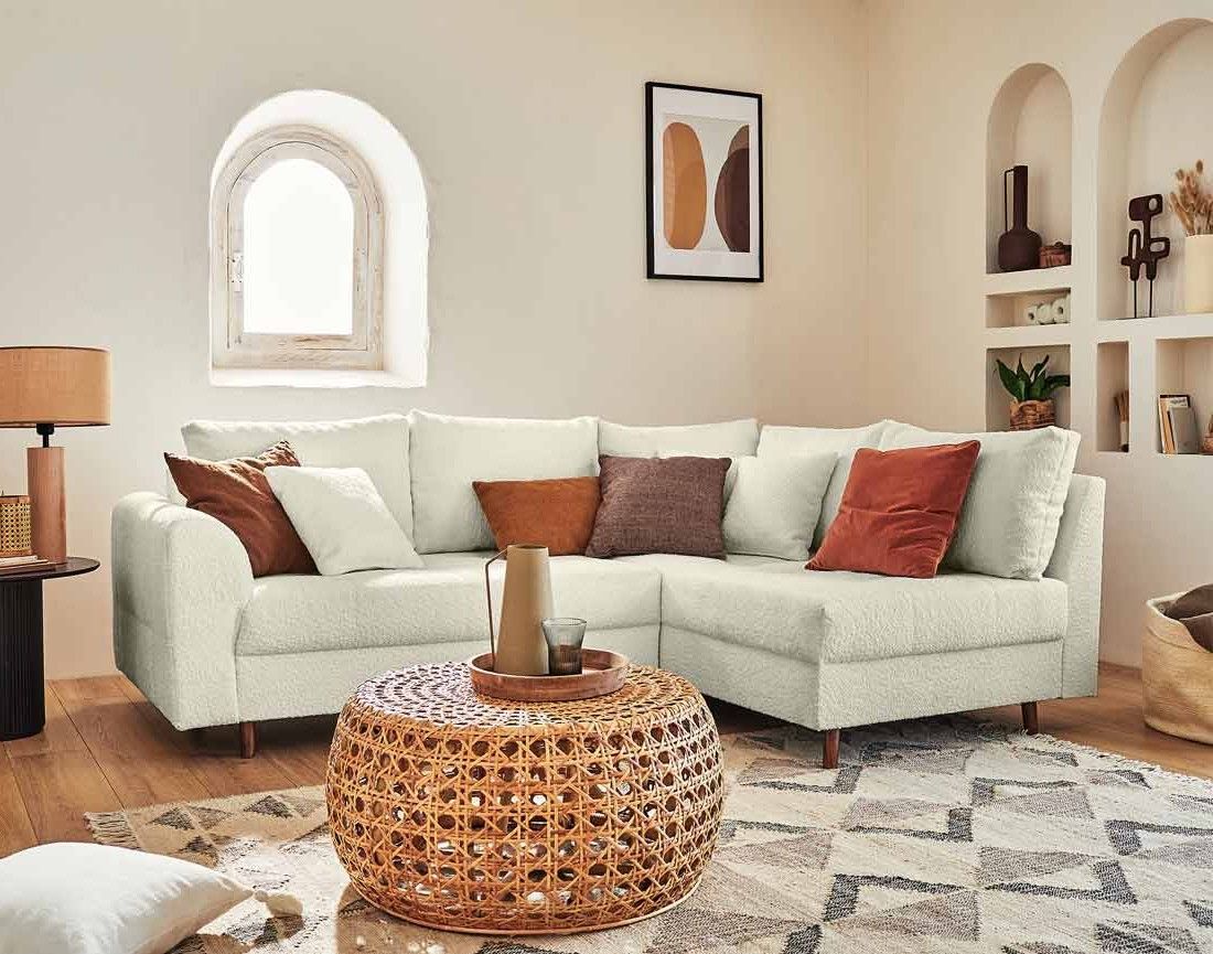 Rune - canapé d'angle droit - 4 places - avec pouf d'appoint - en tissu bouclette Lisa Design