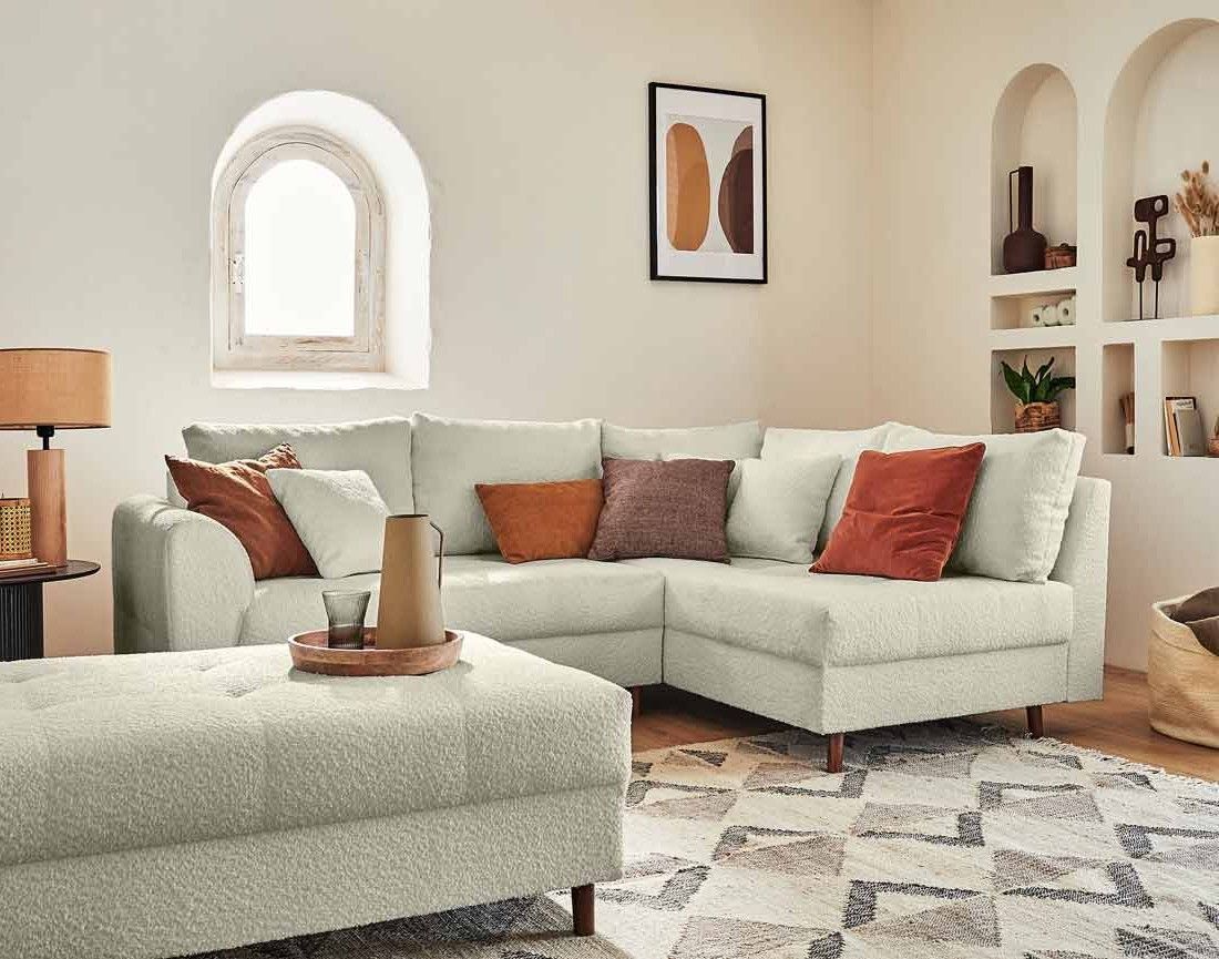 Rune - canapé d'angle droit - 4 places - avec pouf d'appoint - en tissu bouclette Lisa Design