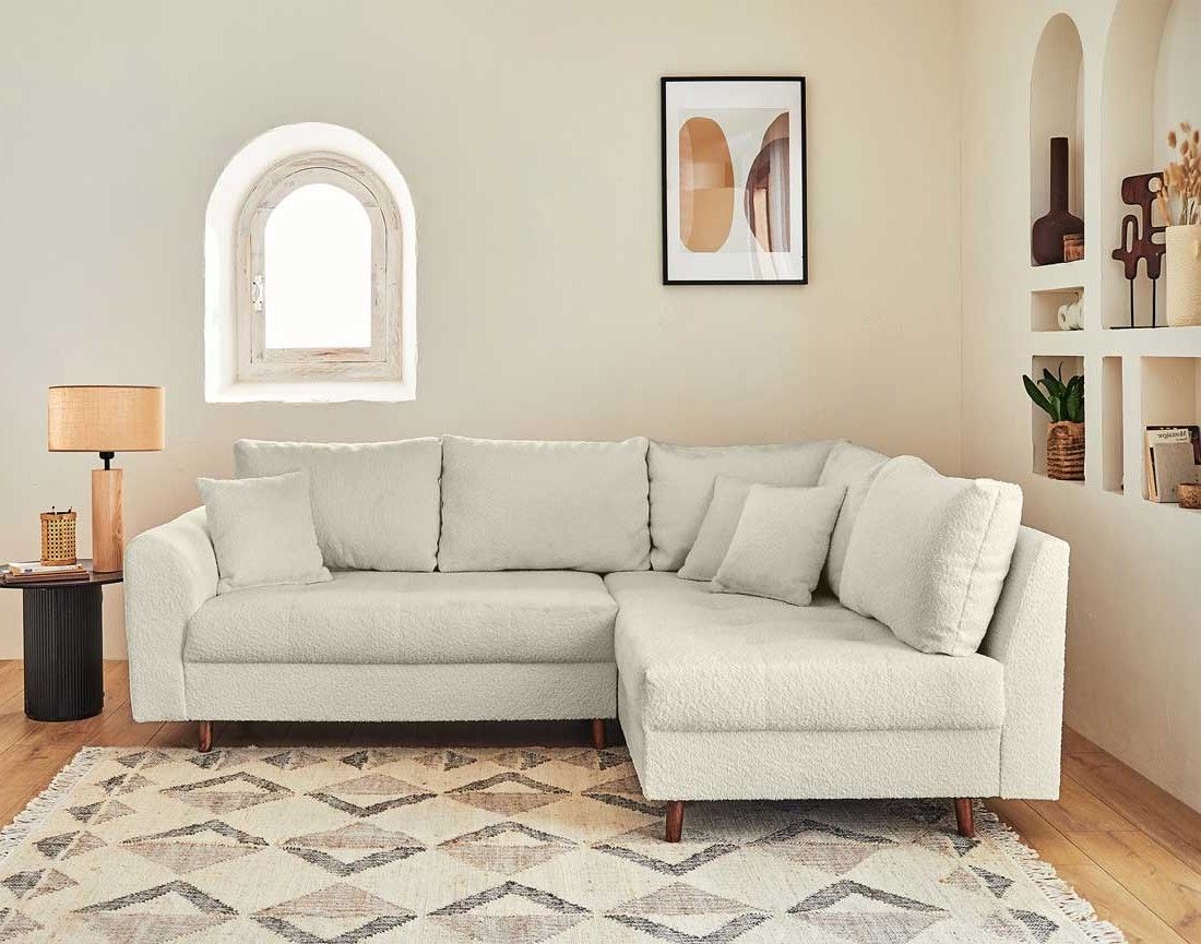 Rune - canapé d'angle droit - 4 places - avec pouf d'appoint - en tissu bouclette Lisa Design