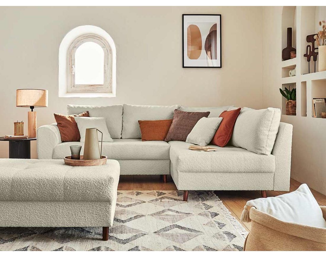 Rune - canapé d'angle droit - 4 places - avec pouf d'appoint - en tissu bouclette Lisa Design