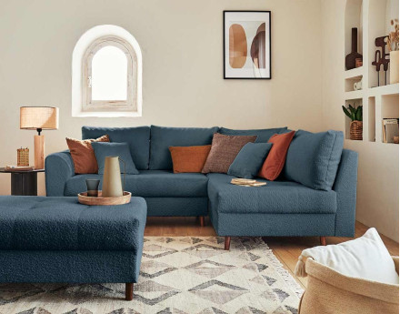 Rune - canapé d'angle droit - 4 places - avec pouf d'appoint - en tissu bouclette Lisa Design
