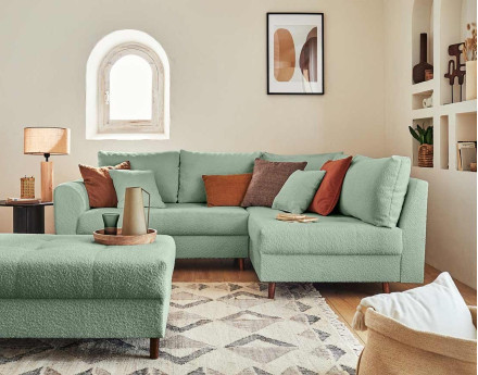 Canapé d'angle droit 4 places avec pouf d'appoint en tissu bouclette Rune