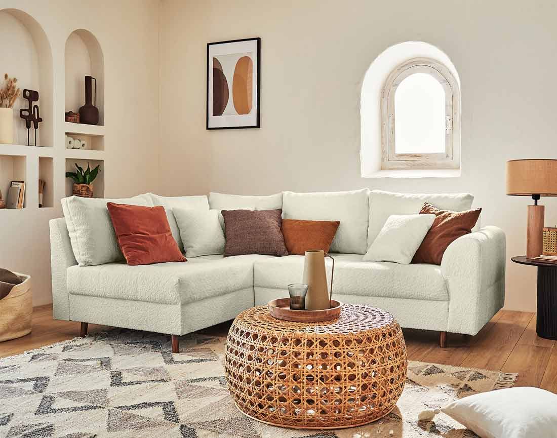 Rune - canapé d'angle gauche - 4 places - avec pouf d'appoint - en tissu bouclette Lisa Design