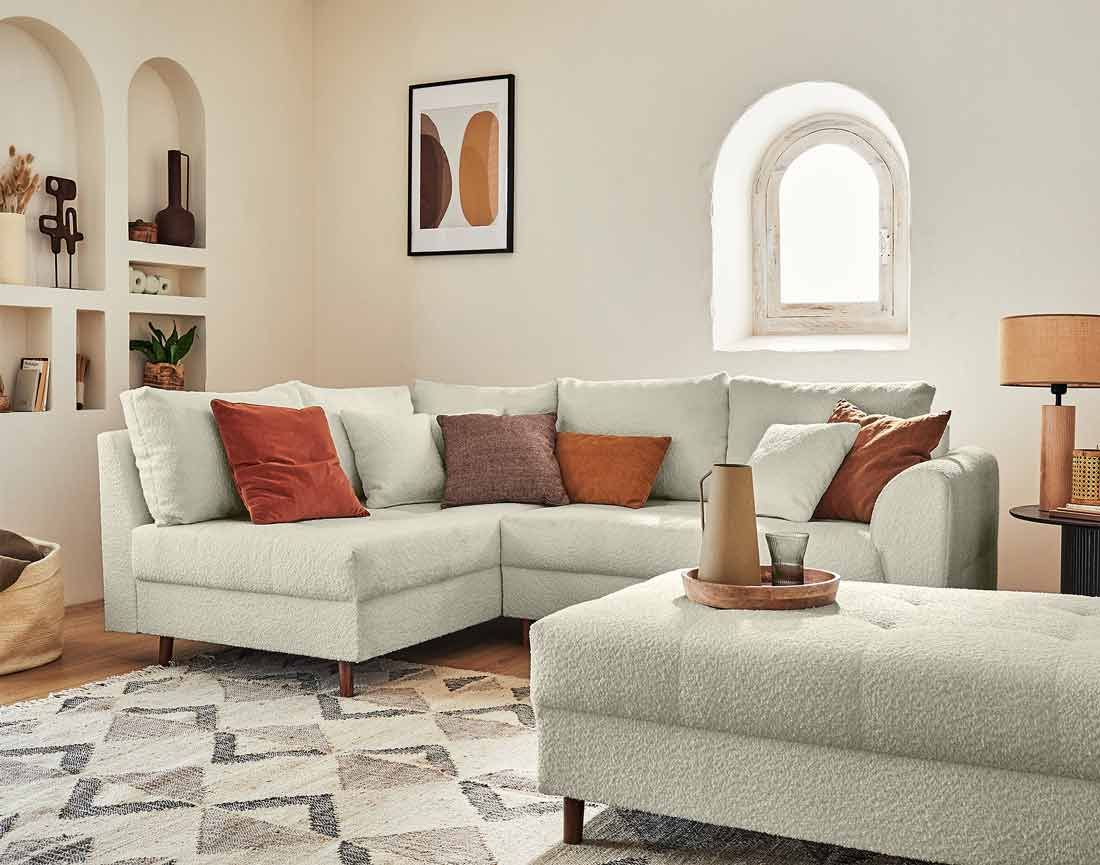 Rune - canapé d'angle gauche - 4 places - avec pouf d'appoint - en tissu bouclette Lisa Design