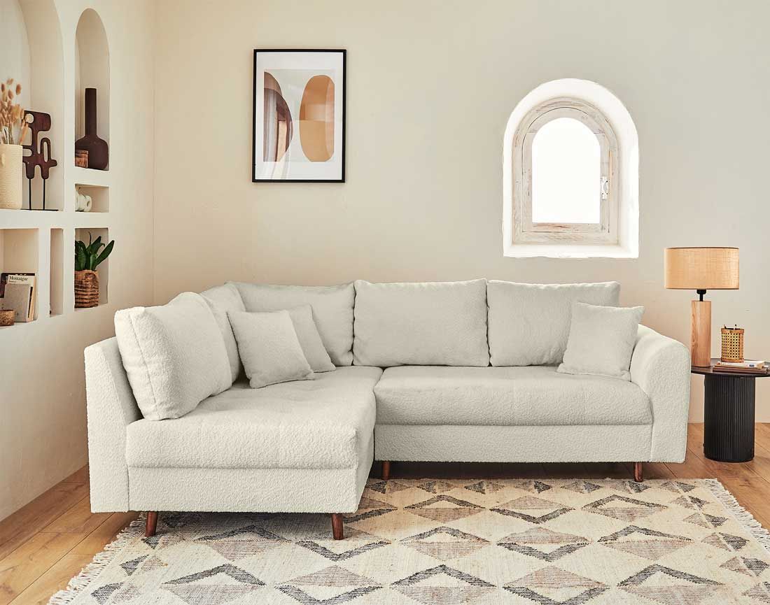 Rune - canapé d'angle gauche - 4 places - avec pouf d'appoint - en tissu bouclette Lisa Design