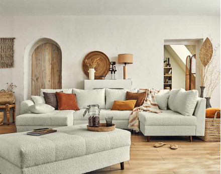 Rune - canapé panoramique d'angle droit - 7 places - avec pouf d'appoint - en tissu bouclette Lisa Design