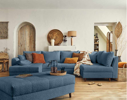 Rune - canapé panoramique d'angle droit - 7 places - avec pouf d'appoint - en tissu bouclette Lisa Design