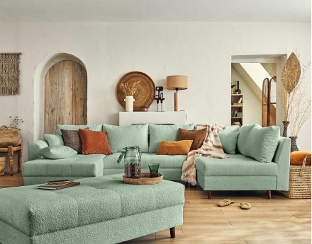 Canapé panoramique d'angle droit 7 places avec pouf d'appoint en tissu bouclette Rune