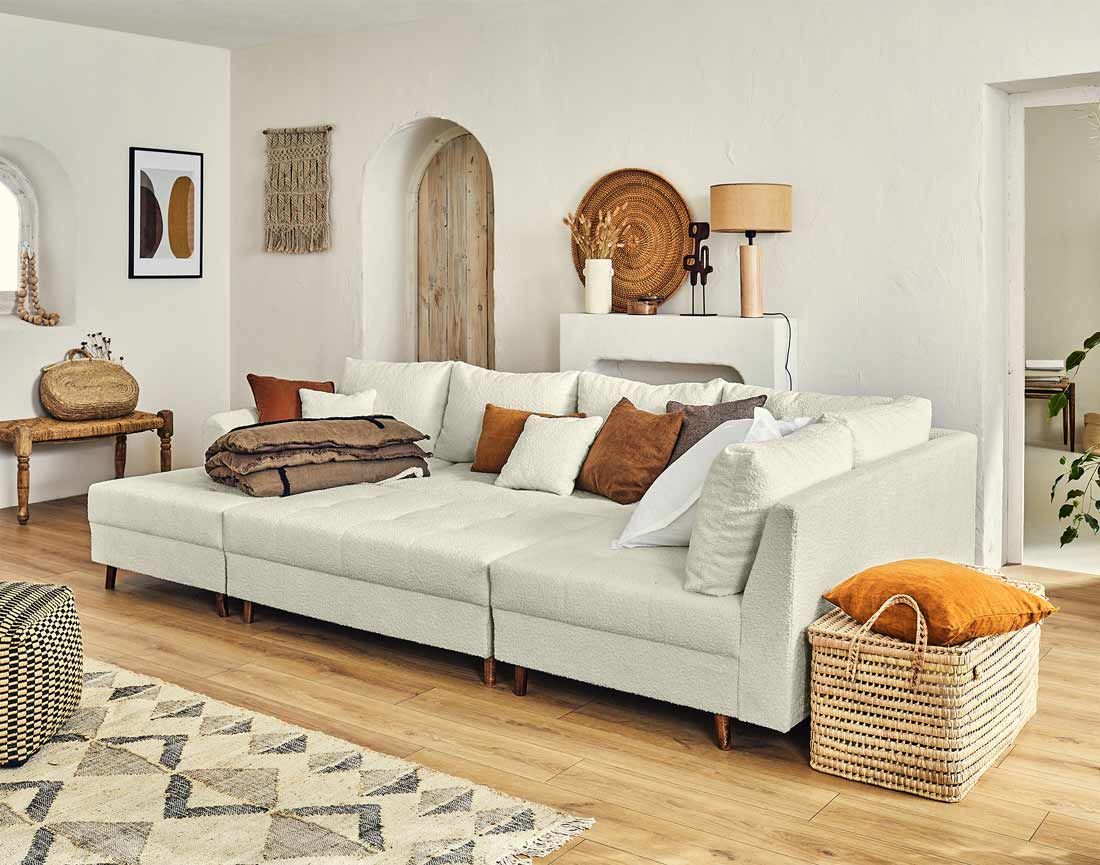 Rune - canapé panoramique d'angle droit - 7 places - avec pouf d'appoint - en tissu bouclette Lisa Design
