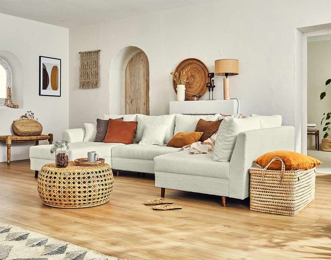 Rune - canapé panoramique d'angle droit - 7 places - avec pouf d'appoint - en tissu bouclette Lisa Design