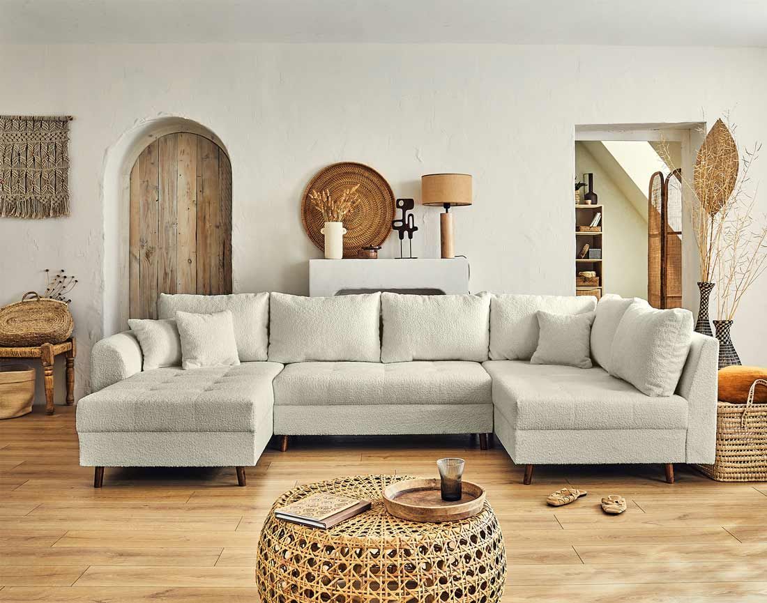 Rune - canapé panoramique d'angle droit - 7 places - avec pouf d'appoint - en tissu bouclette Lisa Design