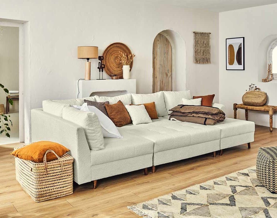Rune - canapé panoramique d'angle gauche - 7 places - avec pouf d'appoint - en tissu bouclette Lisa Design