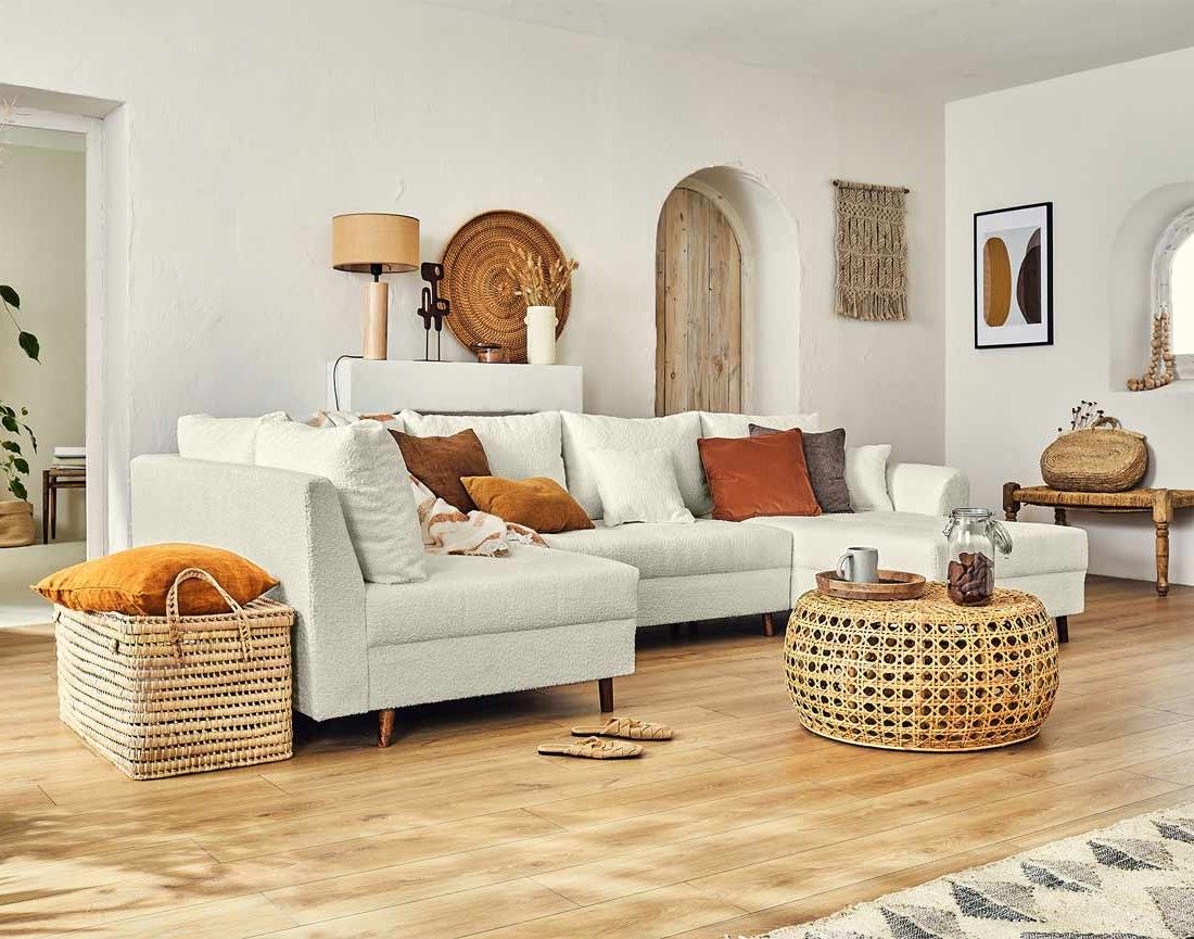Rune - canapé panoramique d'angle gauche - 7 places - avec pouf d'appoint - en tissu bouclette Lisa Design