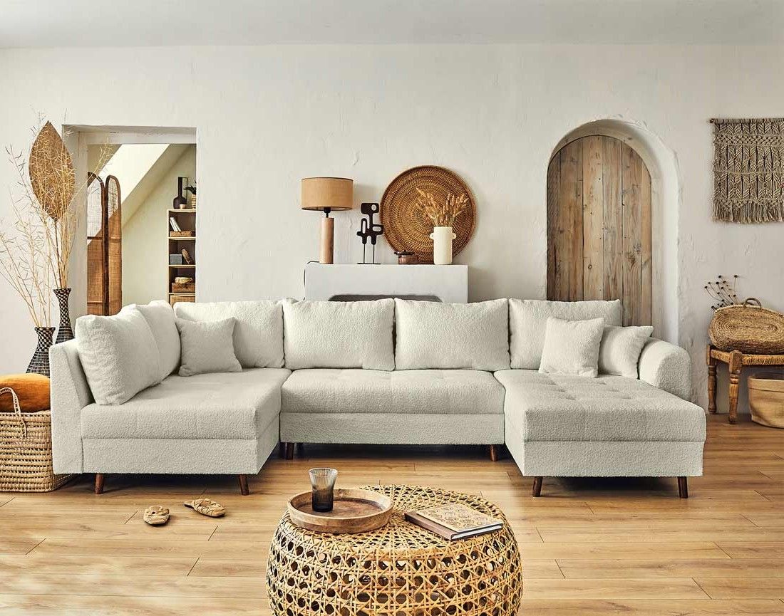 Rune - canapé panoramique d'angle gauche - 7 places - avec pouf d'appoint - en tissu bouclette Lisa Design