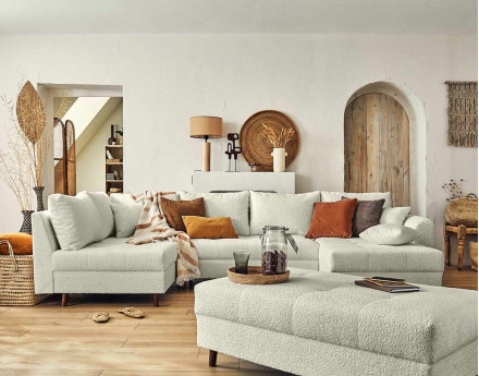 Rune - canapé panoramique d'angle gauche - 7 places - avec pouf d'appoint - en tissu bouclette Lisa Design