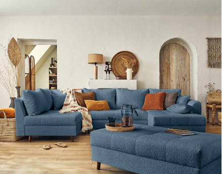Rune - canapé panoramique d'angle gauche - 7 places - avec pouf d'appoint - en tissu bouclette Lisa Design