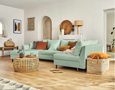 Rune - canapé panoramique d'angle gauche - 7 places - en tissu bouclette Lisa Design