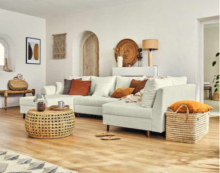 Rune - canapé panoramique d'angle gauche - 7 places - en tissu bouclette Lisa Design