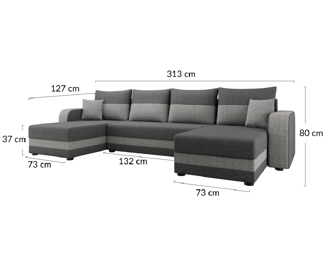 Harvey - canapé panoramique en U 7 places convertible avec coffre en tissu