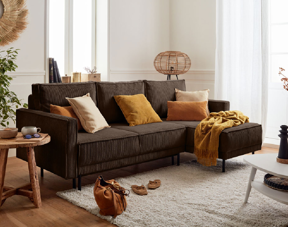 Canapé d'angle réversible 4 places convertible avec coffre en velours côtelé Charlie