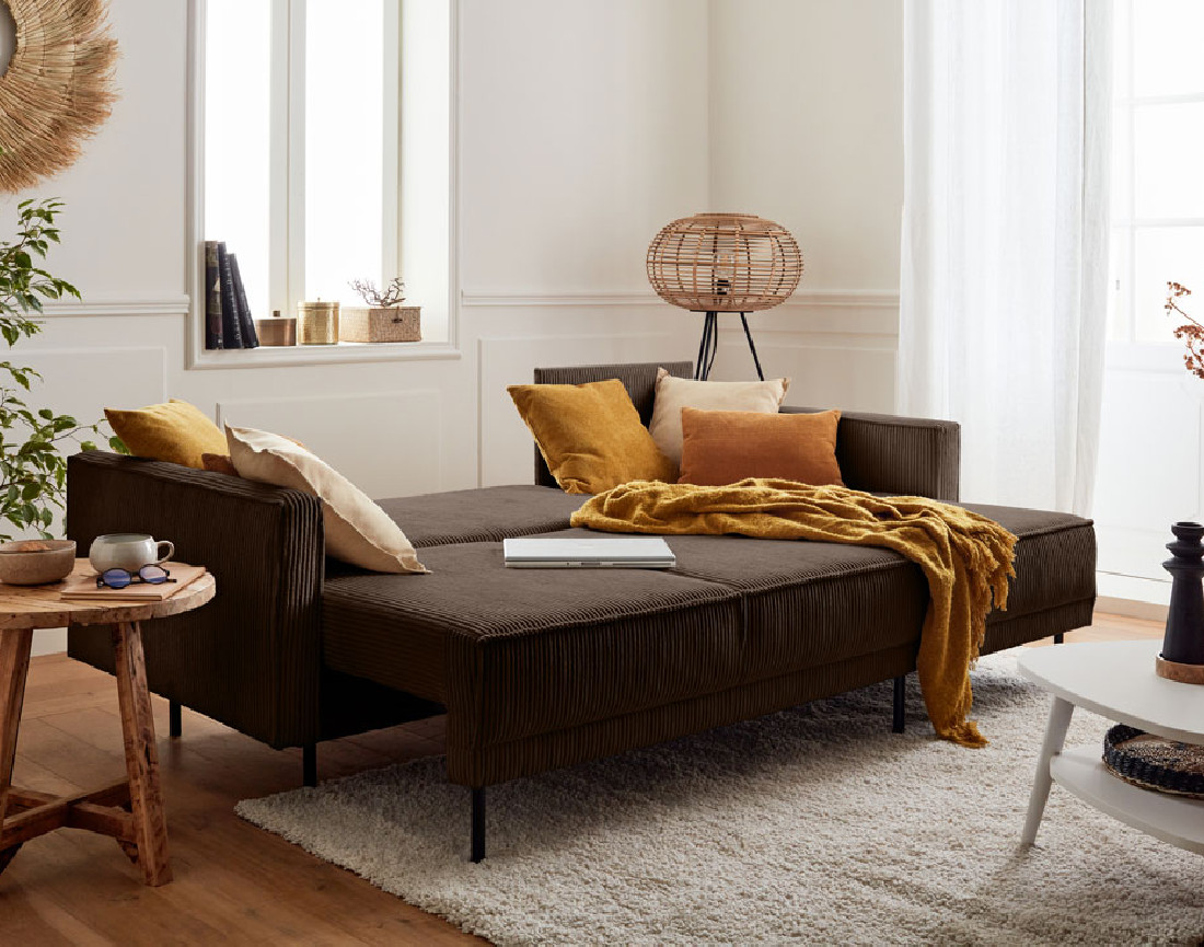 Canapé d'angle réversible 4 places convertible avec coffre en velours côtelé Charlie