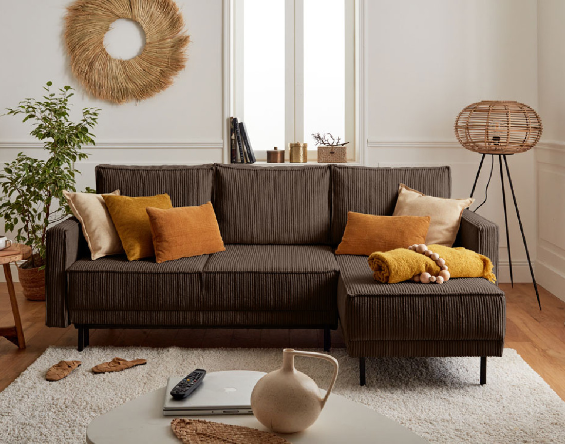 Canapé d'angle réversible 4 places convertible avec coffre en velours côtelé Charlie