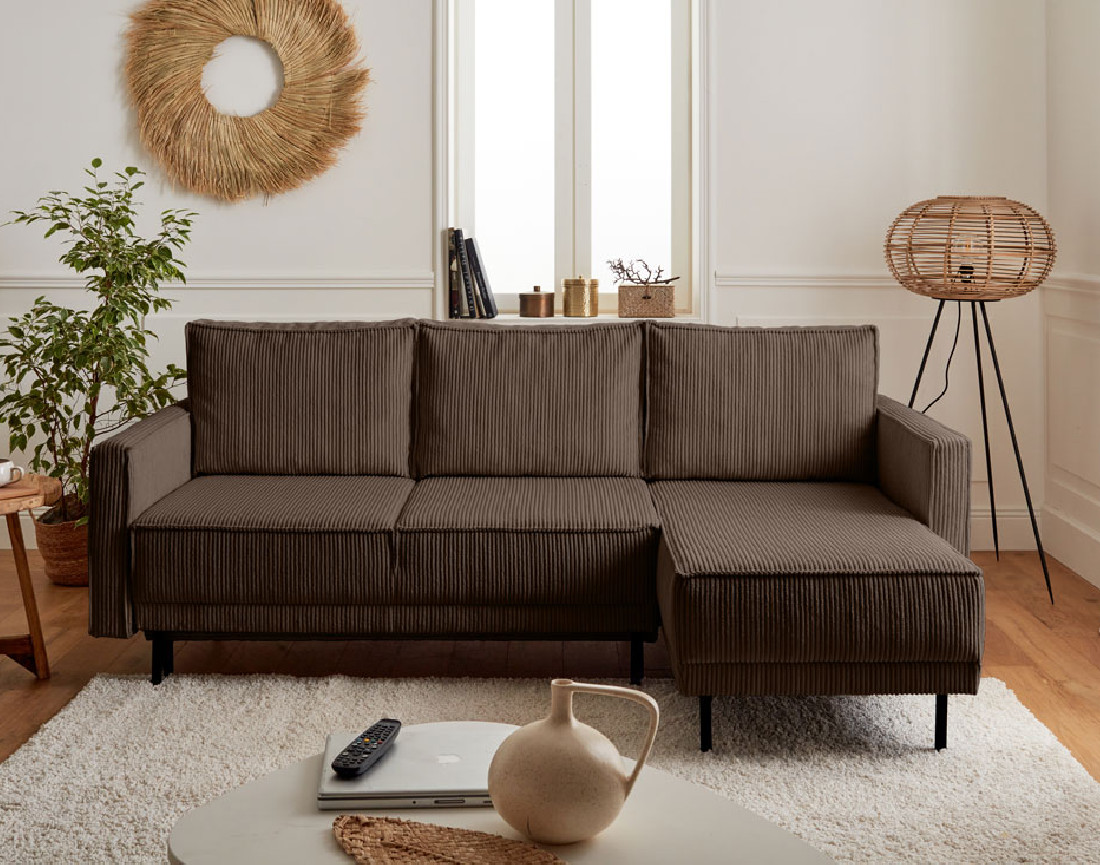 Canapé d'angle réversible 4 places convertible avec coffre en velours côtelé Charlie