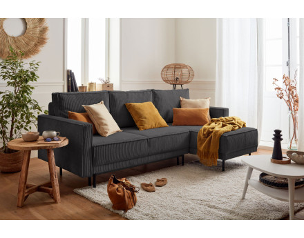 Canapé d'angle réversible 4 places convertible avec coffre en velours côtelé Charlie