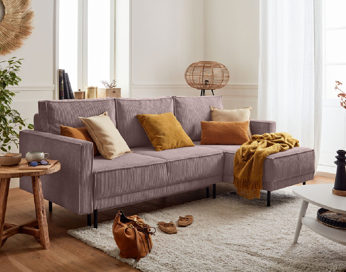 Canapé d'angle réversible 4 places convertible avec coffre en velours côtelé Charlie