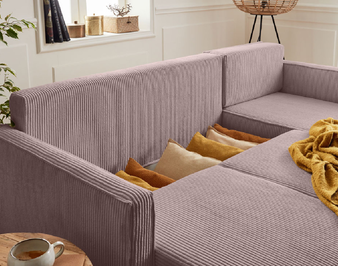 Canapé d'angle réversible 4 places convertible avec coffre en velours côtelé Charlie