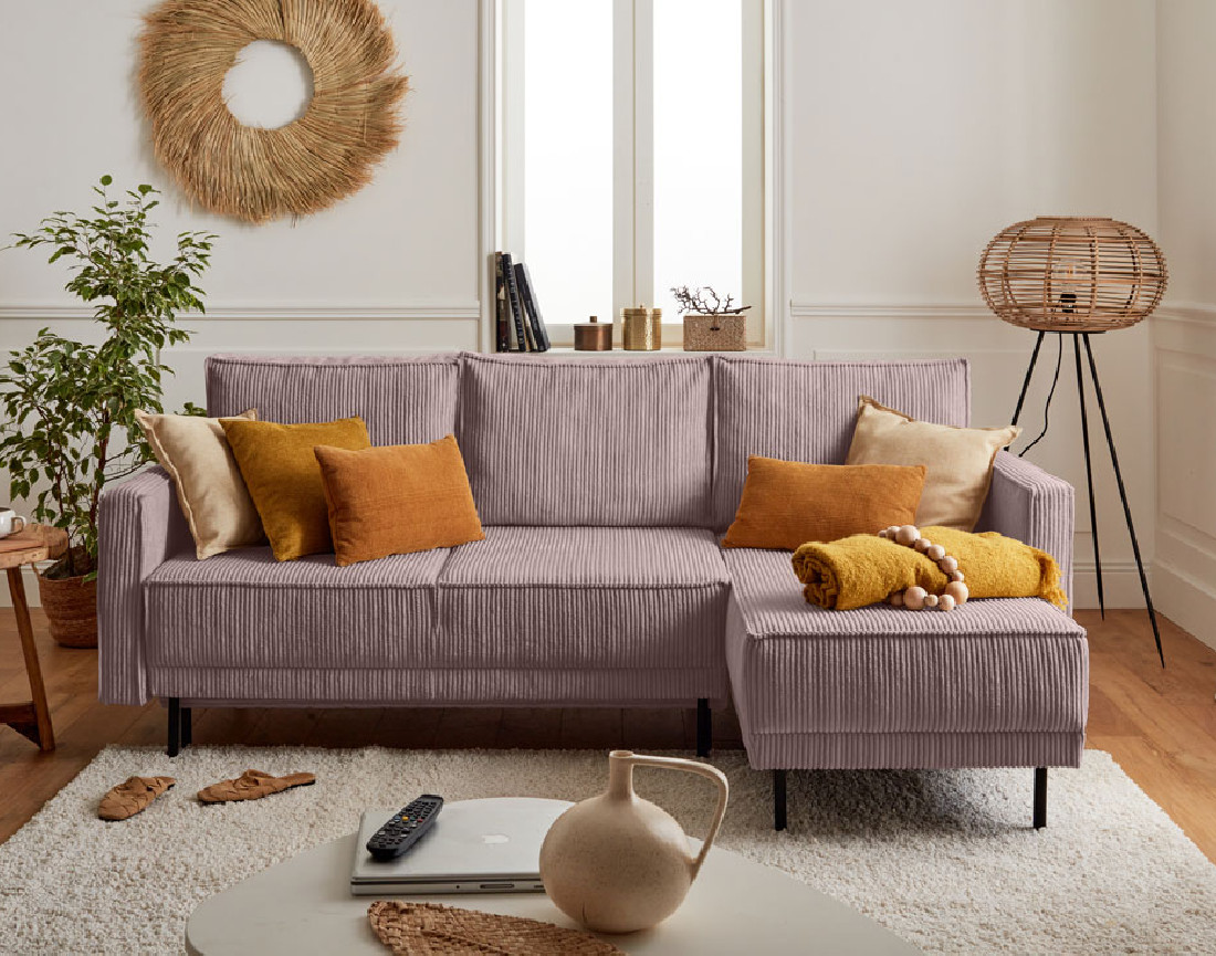 Canapé d'angle réversible 4 places convertible avec coffre en velours côtelé Charlie