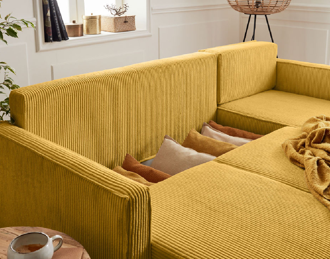 Canapé d'angle réversible 4 places convertible avec coffre en velours côtelé Charlie